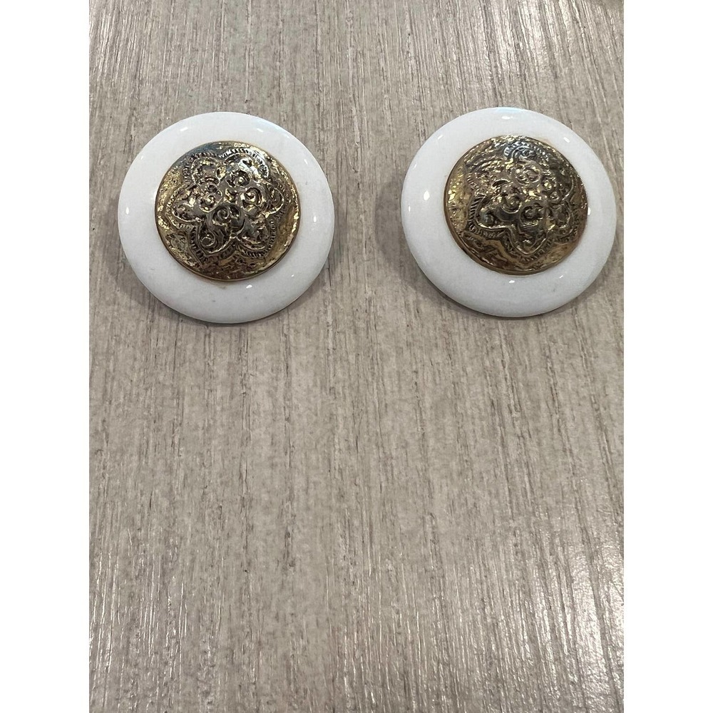 1980s Ivory Earrings - Clip Earrings with Goldtone Dome Jewelry
